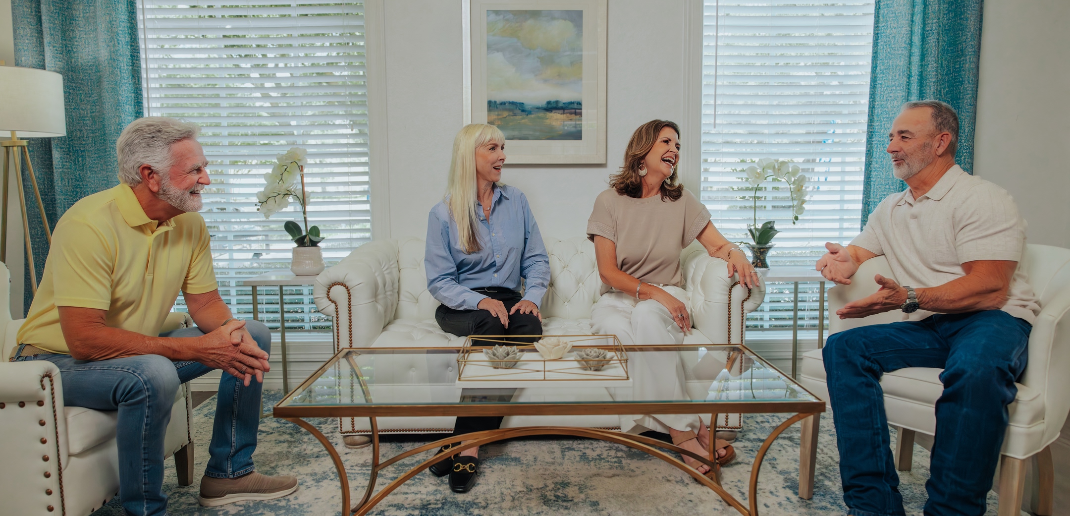 senior friends talking in living room